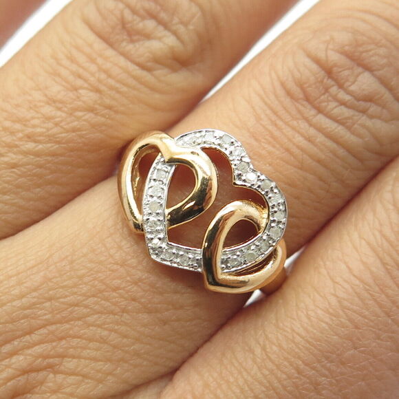 Other - 925 Sterling Silver Gold Plated Real Diamond Interlocked Hearts Ring Size 7.25